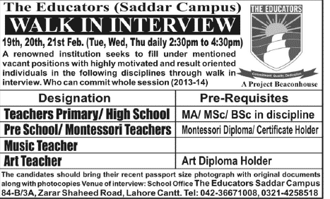 The Educators Saddar Campus Lahore Jobs 2013