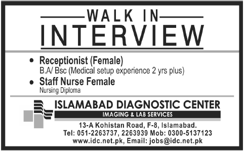 Islamabad Diagnostic Center (IDC) Jobs 2013 for Female Staff Nurse & Receptionist