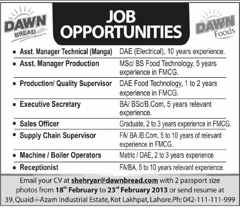 Dawn Foods Jobs 2013 Lahore Latest Advertisement