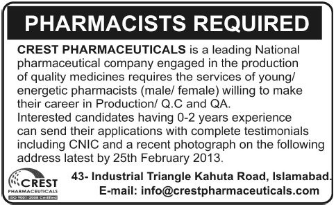 Crest Pharmaceuticals Islamabad Jobs 2013 for Fresh Pharmacists in Production / QC / QA
