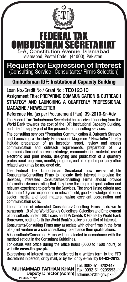 Federal Tax Ombudsman Job 2013 Consultant for Communication & Outreach Strategy and Publishing Magazine / Newsletter