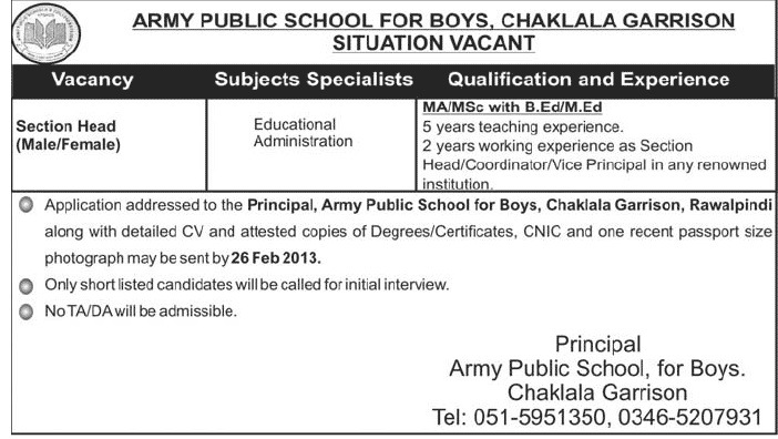Army Public School for Boys Chaklala Garrison Rawalpindi Job 2013 for Section Head