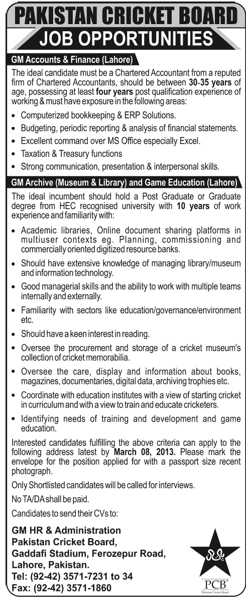 Pakistan Cricket Board Jobs 2013 for General Managers