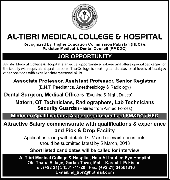 Al-Tibri Medical College & Hospital Karachi Jobs 2013 Teaching Faculty, Medical Officers & Staff
