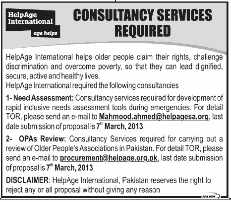 HelpAge International Pakistan Jobs 2013 for Consultants