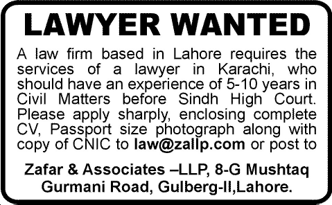 Lawyer Job in Karachi 2013 at Zafar & Associates