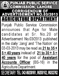 Corrigendum: PPSC Jobs 2013 Advertisement No. 03/2013