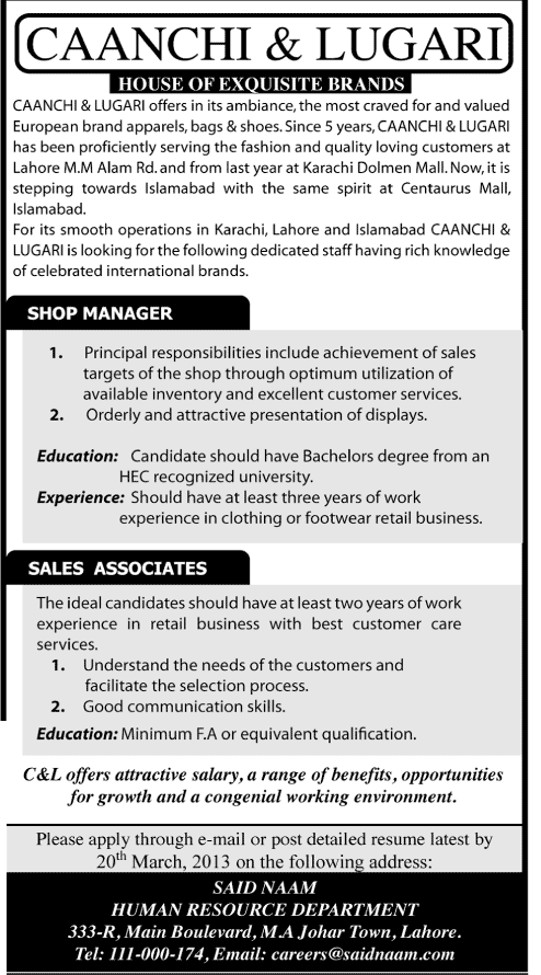 Caanchi & Lugari Jobs for Shop Manager & Sales Associates