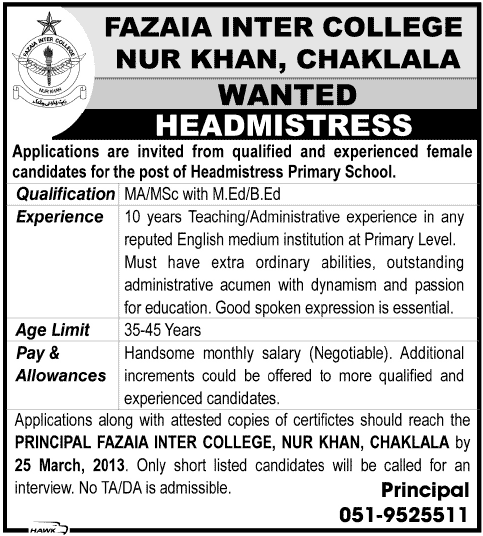 Fazaia Inter College, Nur Khan Job for Headmistress