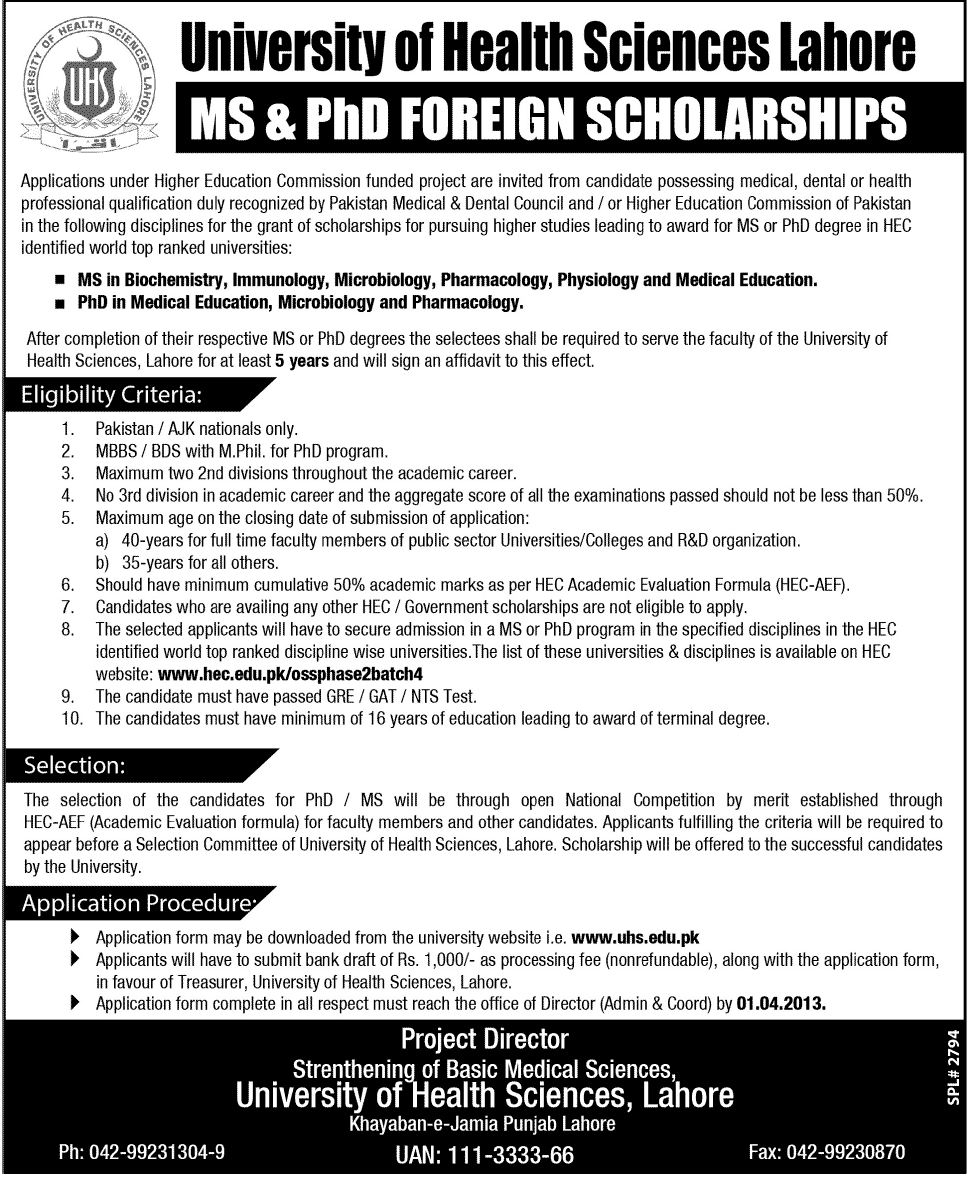 University of Health Sciences Lahore MS & Ph.D. Foreign Scholarships