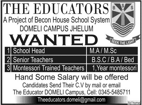 The Educators, Domeli Campus Jhelum Jobs for School Head & Teachers