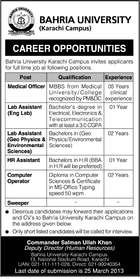 Bahria University Karachi Jobs 2013 Latest Advertisement