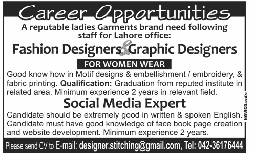 Social Media Expert, Fashion Designers & Graphic Designers Jobs