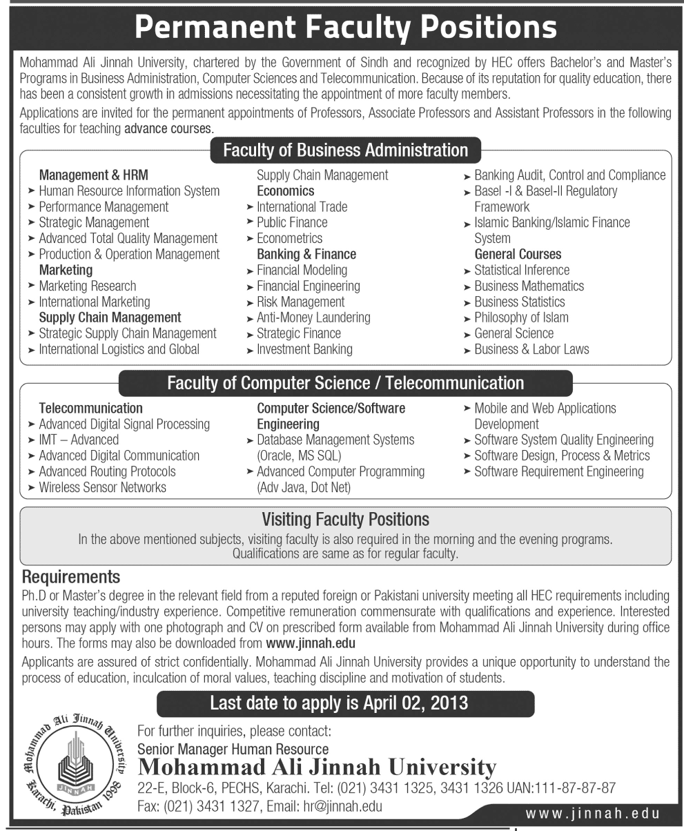 Latest MAJU Jobs 2013 for Permanent & Visiting Faculty