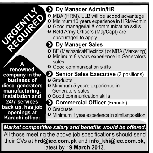 Deputy Managers, Sales Executive & Commercial Officer Jobs at IEC