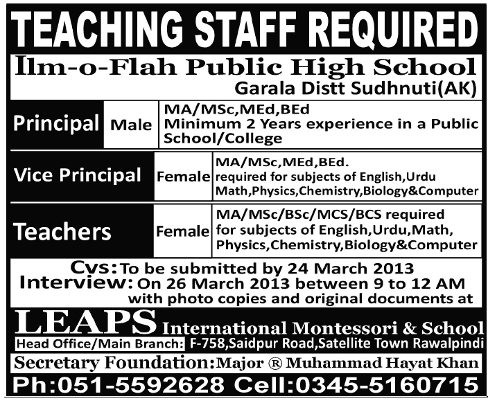 Ilm-o-flah Public High School Jobs for Principal, Vice Principal & Teachers