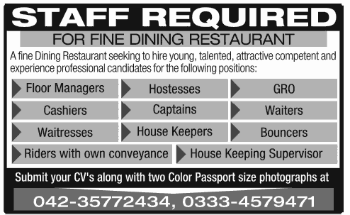 Restaurant Jobs in Lahore 2013 Latest at a Fine Dining Restaurant
