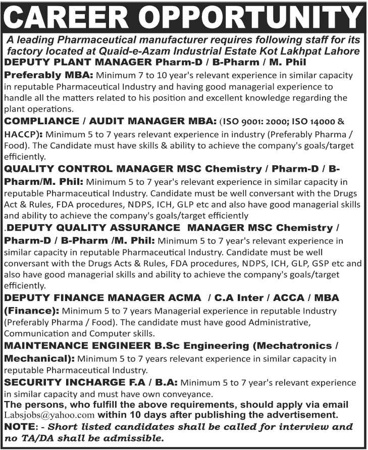 Jobs in Pharmaceutical Company in Lahore 2013 Latest