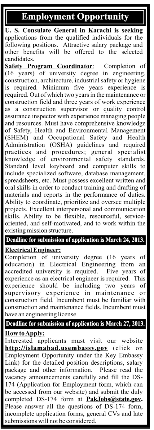 US Consulate Karachi Jobs 2013 Electrical Engineer & Safety Program Coordinator