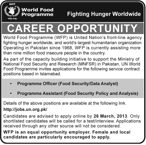World Food Programme Pakistan Jobs Islamabad 2013 for Programme Officer & Assistant
