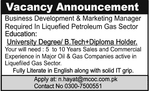 Business Development & Marketing Manager Job 2013 in Motorway CNG Operator Company (MCOC)