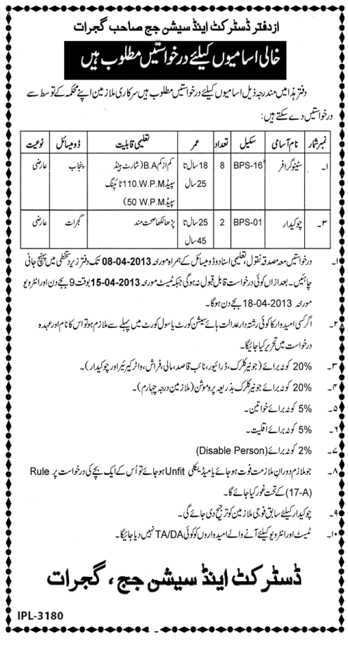 District & Session Court Gujrat Jobs 2013 Latest for Stenographers & Chowkidar