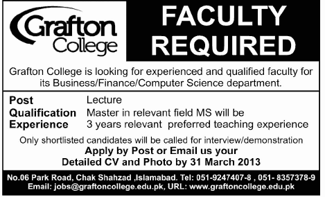 Lecturer Jobs in Islamabad 2013 Latest at Grafton College Chak Shahzad