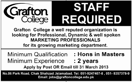 Marketing Jobs in Islamabad / Rawalpindi 2013 Latest at Grafton College