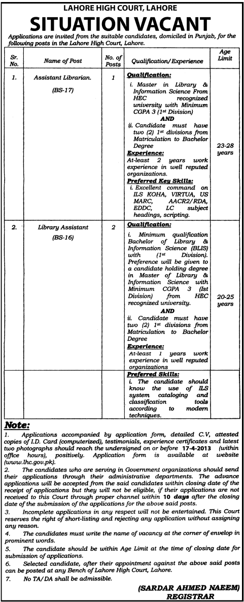 Lahore High Court Jobs 2013 April Latest for Librarians