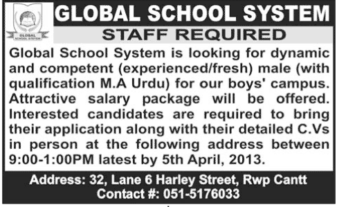 Teacher Job in Rawalpindi 2013 at Global School System