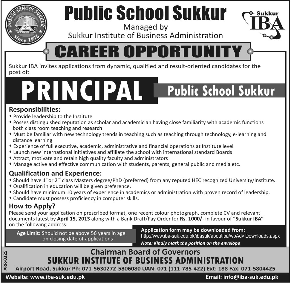 Public School Sukkur Job 2013 for Principal (Managed by Sukkur IBA)