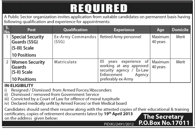 Security Guard Jobs in Karachi 2013 in a Public Sector Organization / Government