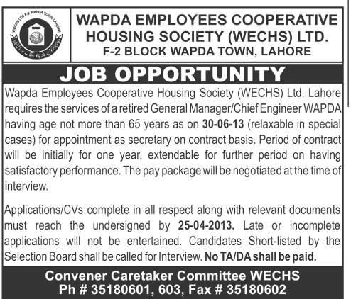 Job for Ex/Retired General Manager / Chief Engineer of WAPDA 2013 at WECHS Lahore