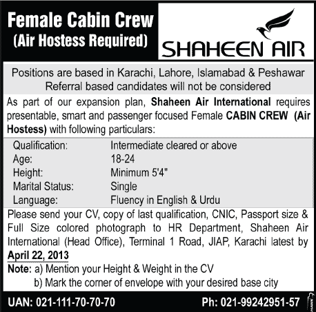 Shaheen Airline Jobs in Karachi/Lahore/Islamabad/Peshawar 2013 April Latest Advertisement