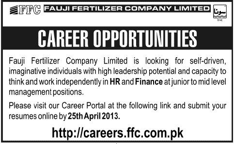 Fauji Fertilizer Company Jobs 2013 April Latest for Human Resources & Finance Positions