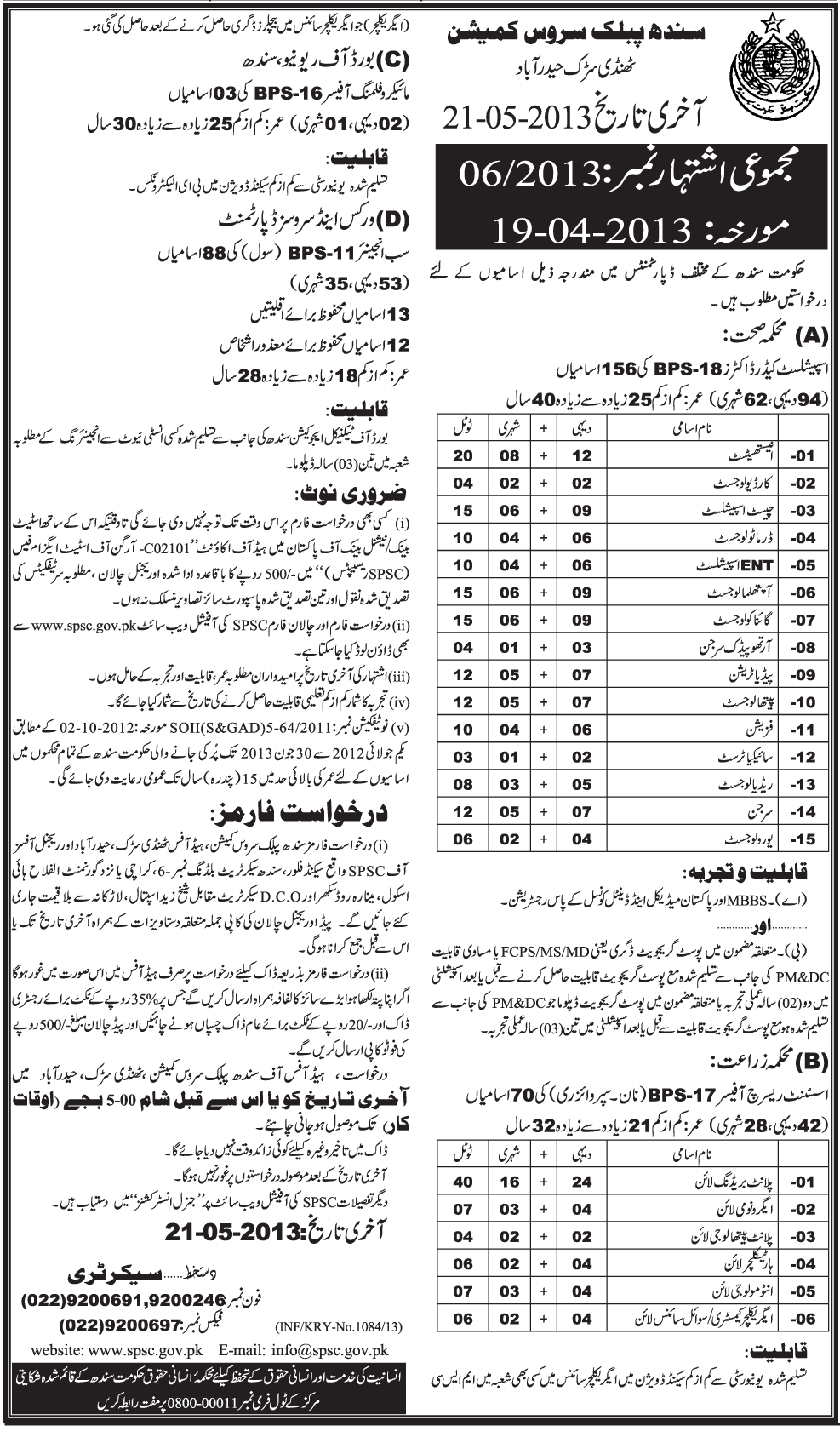 SPSC Jobs 2013 April Specialist Doctors / Civil Sub Engineers / Research Officers