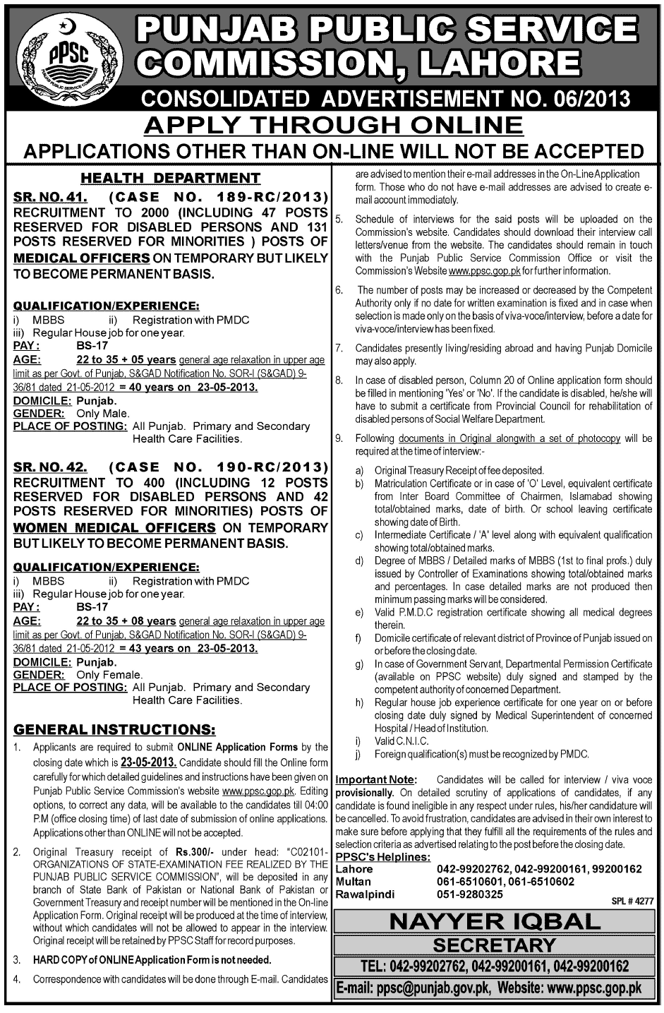PPSC Medical Officer Jobs 2013-May-01 Doctors / MO Latest Advertisement in Jang