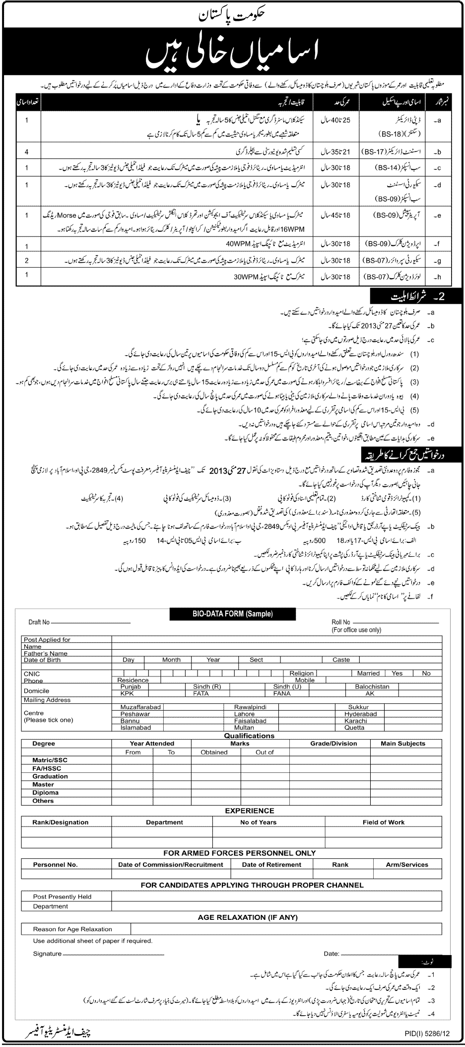 PO Box 2849 GPO Islamabad Jobs 2013 Ministry of Defence Department for Balochistan Domicile / Quota