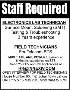 Electronics Lab Technician & Field Technicians Jobs in Lahore 2013 at Innexiv
