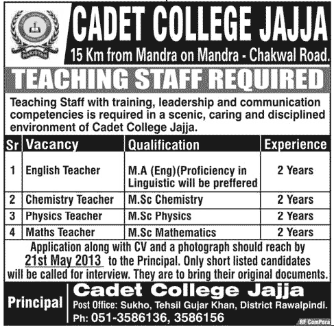 Cadet College Jajja Jobs 2013 May for Teachers
