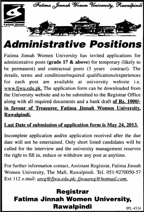 Fatima Jinnah Women University, Rawalpindi Jobs 2013 for Administrative Positions