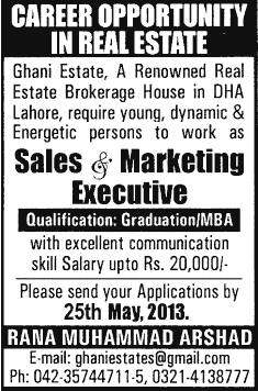 Latest Sales & Marketing Jobs in Lahore 2013 May at Ghani Estate (a Real Estate Brokerage House)