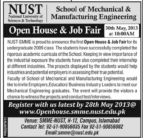 NUST-SMME Open House & Job Fair 2013 School of Mechanical & Manufacturing Engineering