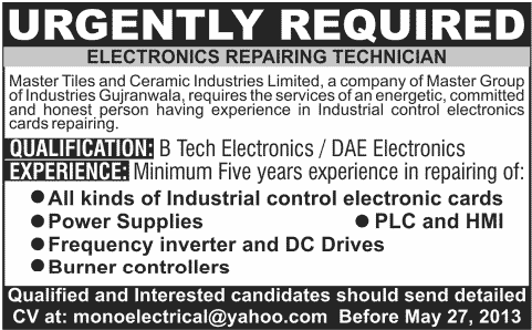 Electronics Technician Job in Gujranwala 2013 May Latest at Master Tile & Ceramic Industries Limited
