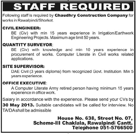 Civil Engineering Jobs in Rawalpindi / Shorkot 2013 Latest at Chaudhry Construction Company