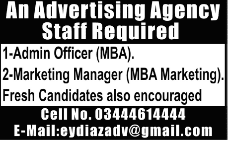 Advertising Agency Jobs for Admin Officer & Marketing Manager 2013 May