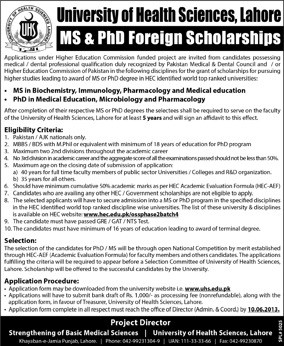 HEC Foreign Scholarships 2013 University of Health Sciences Lahore MS & PhD Overseas Scholarships