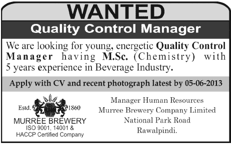 Quality Control Manager Job in Rawalpindi 2013 at Murree Brewery Company Limited