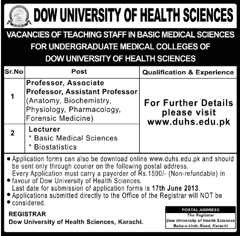 Dow University of Health Sciences Jobs 2013 for Faculty in Basic Medical Sciences