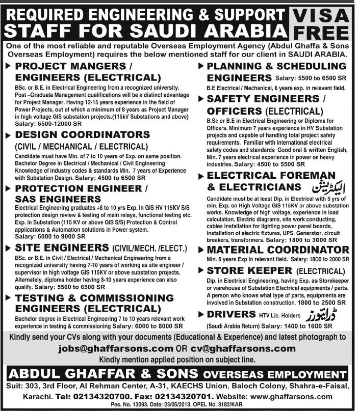 Engineering & Support Jobs in Saudi Arabia 2013 through Abdul Ghaffar & Sons Overseas Employment